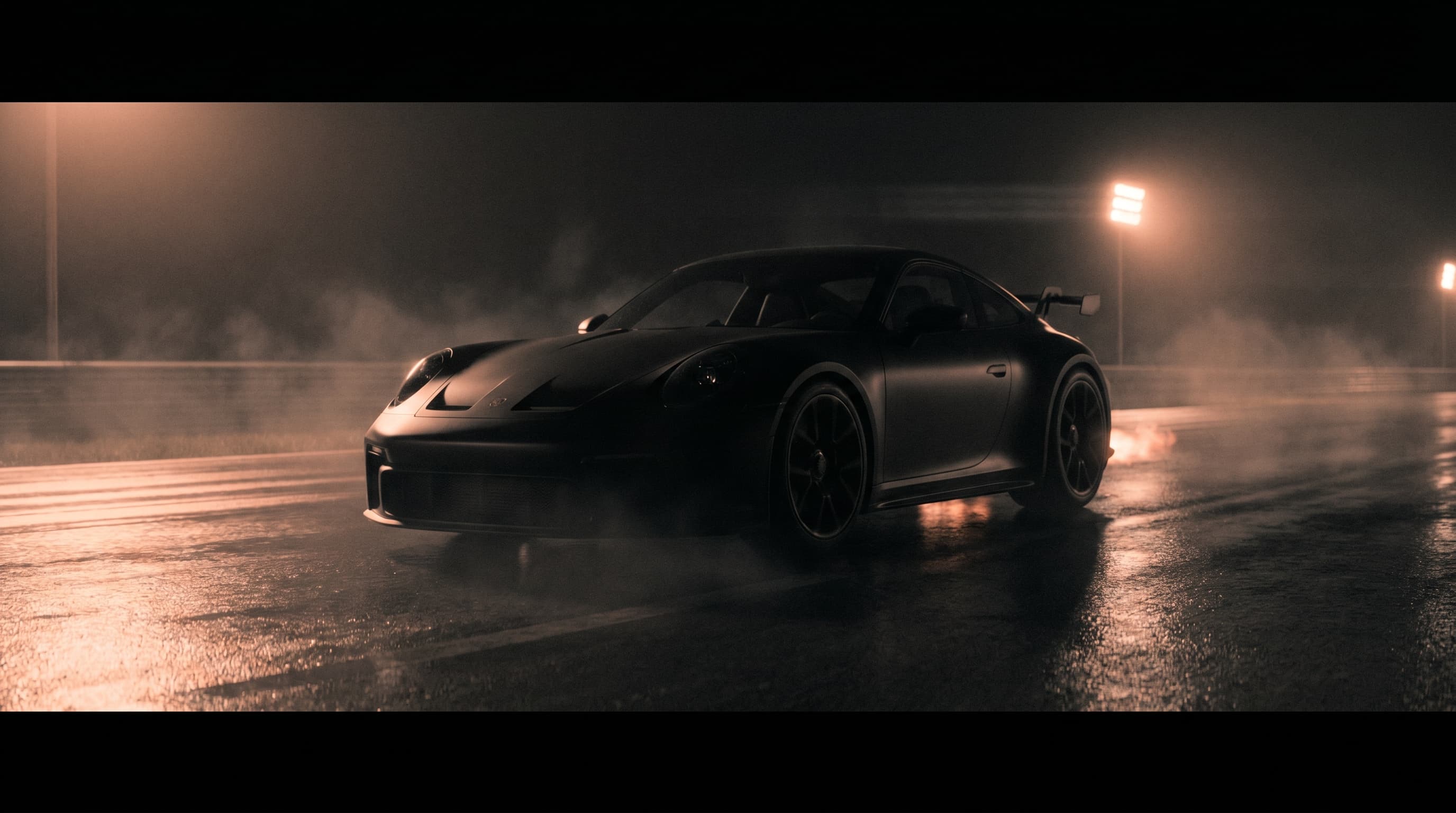Czarny Porsche 911 na mokrym torze nocą oświetlonym peachowymi światłami — metafora zorkiestrowanego środowiska ClaudioOS gdzie wszystko współpracuje od pierwszego dnia