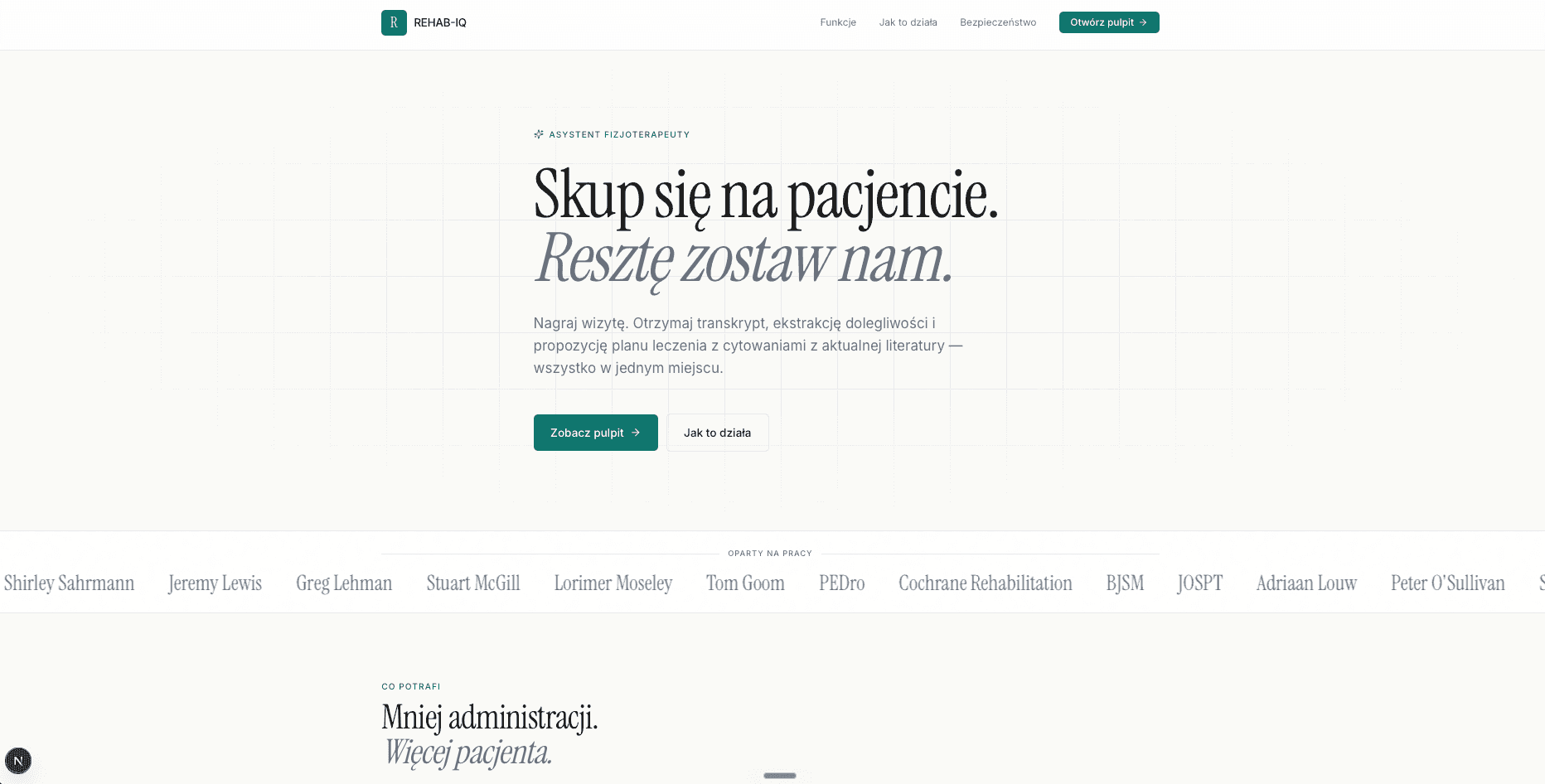 Zrzut ekranu z aplikacji Rehis IQ — system dla fizjoterapeutów