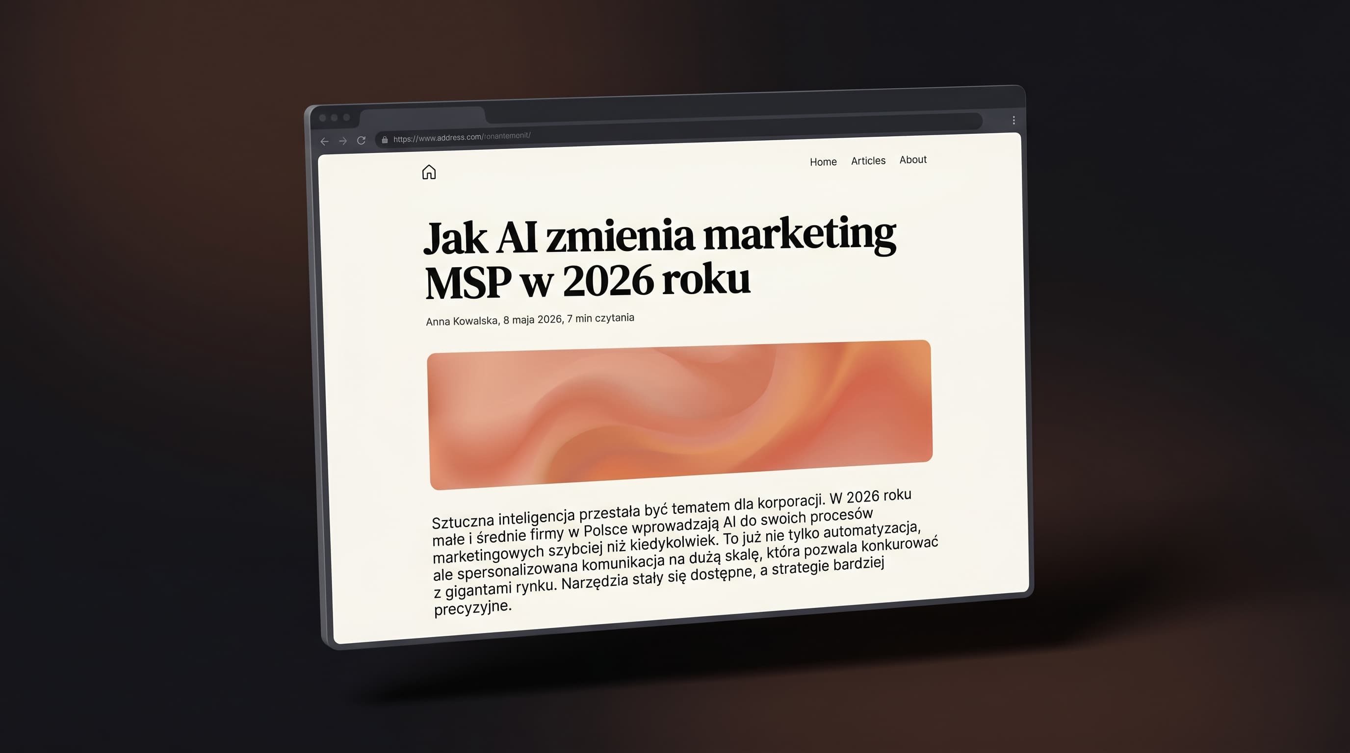 Mockup artykułu blogowego z featured image i nagłówkiem o AI w marketingu MSP