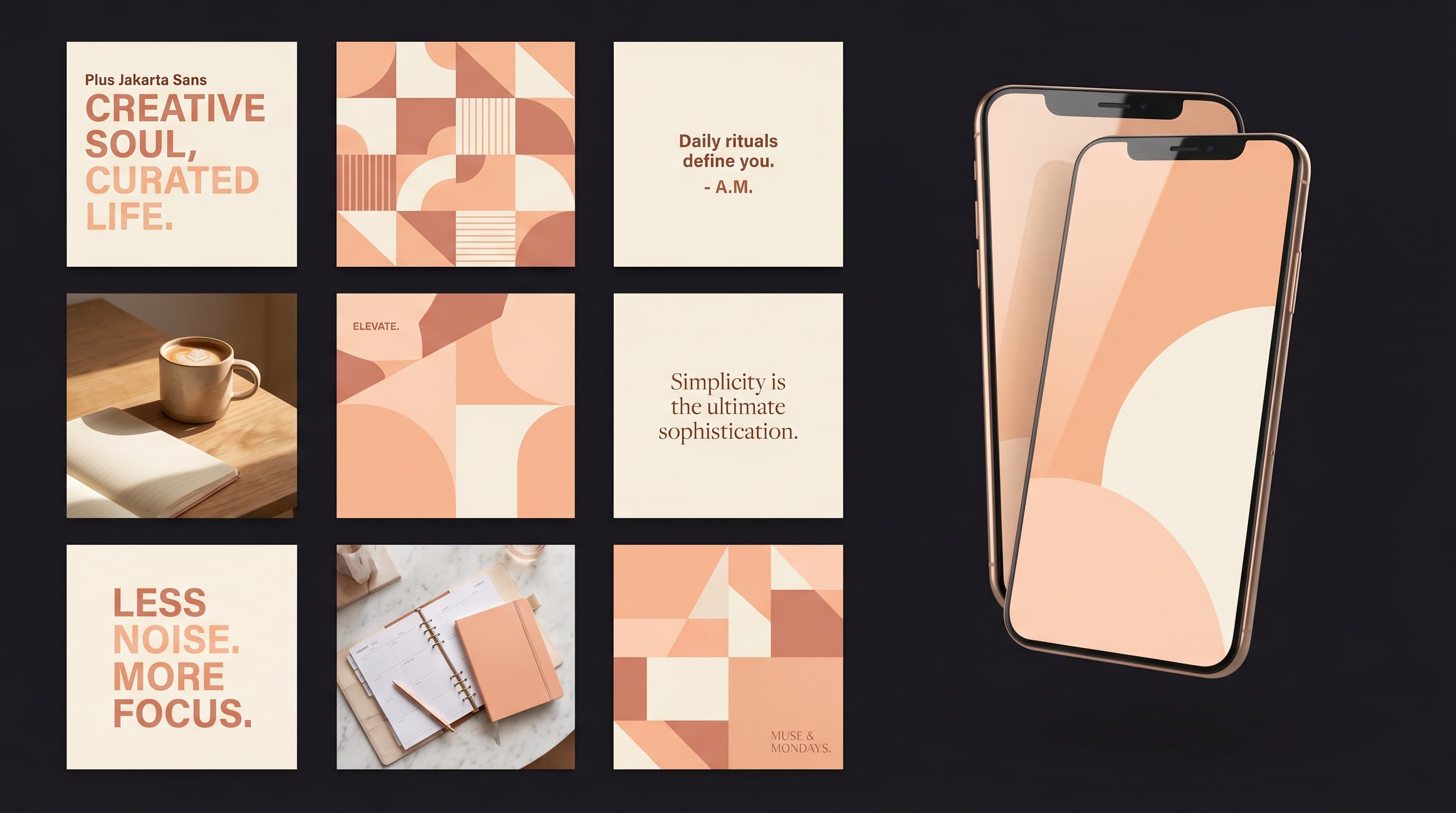 Grid 9 postów Instagram w stylistyce lifestyle z paletą peach
