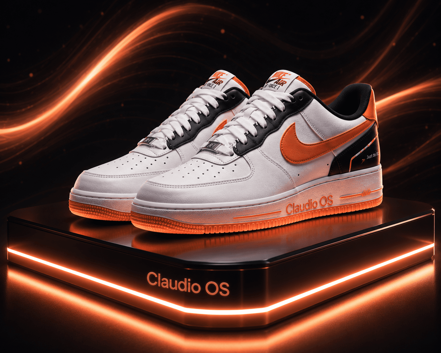 Packshot butów Claudio OS na świetlnej platformie z neonowym napisem brandu