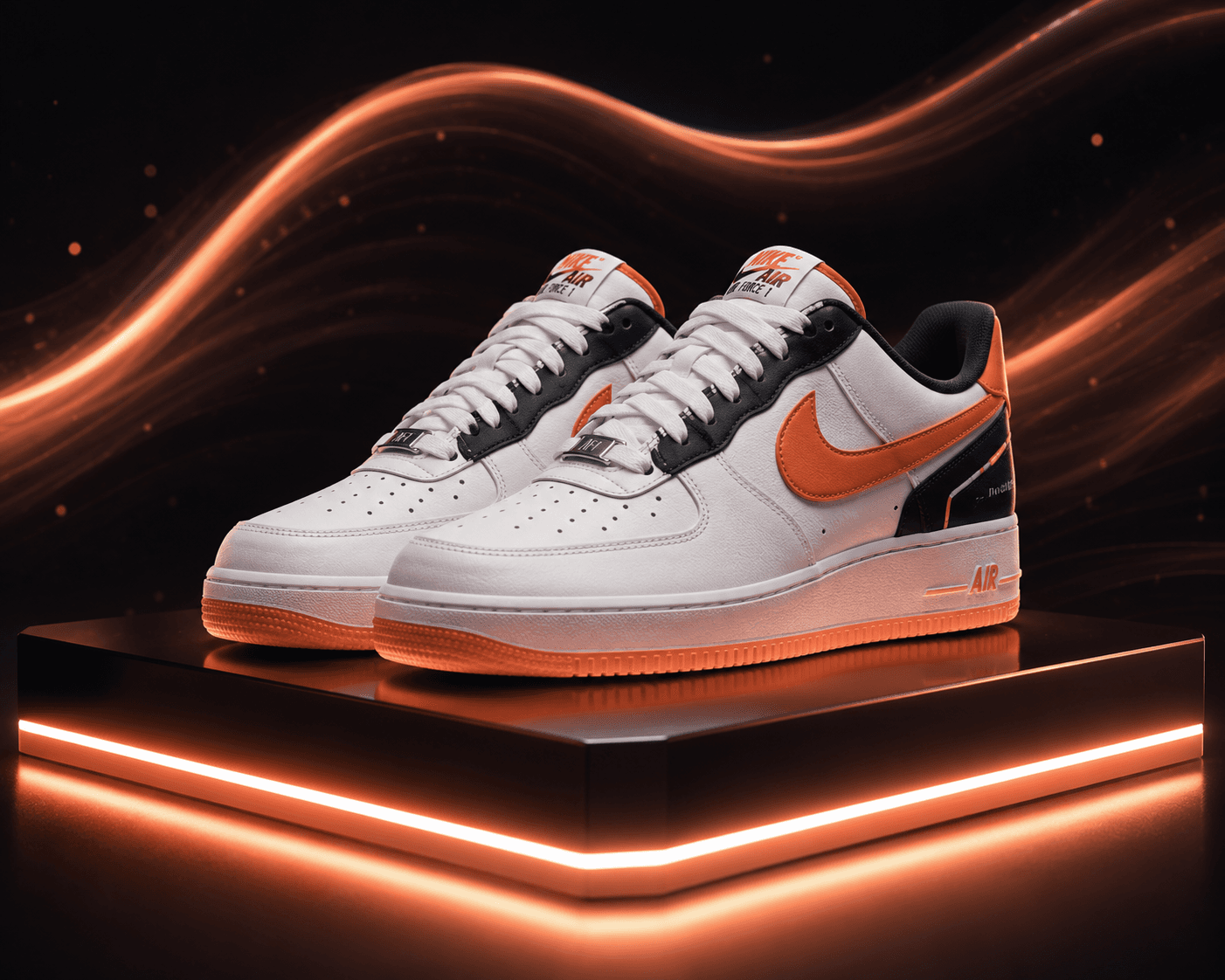 Packshot sneakerów z akcentem peach na neonowej platformie
