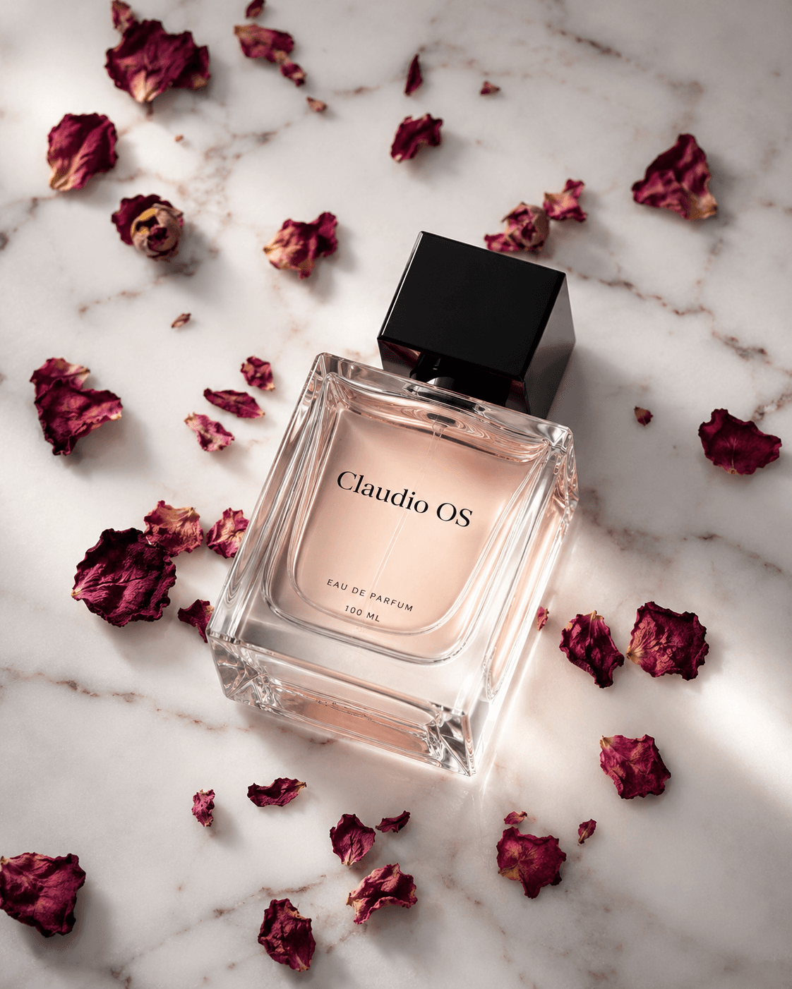 Packshot perfum Claudio OS Eau de Parfum z płatkami róż na marmurze