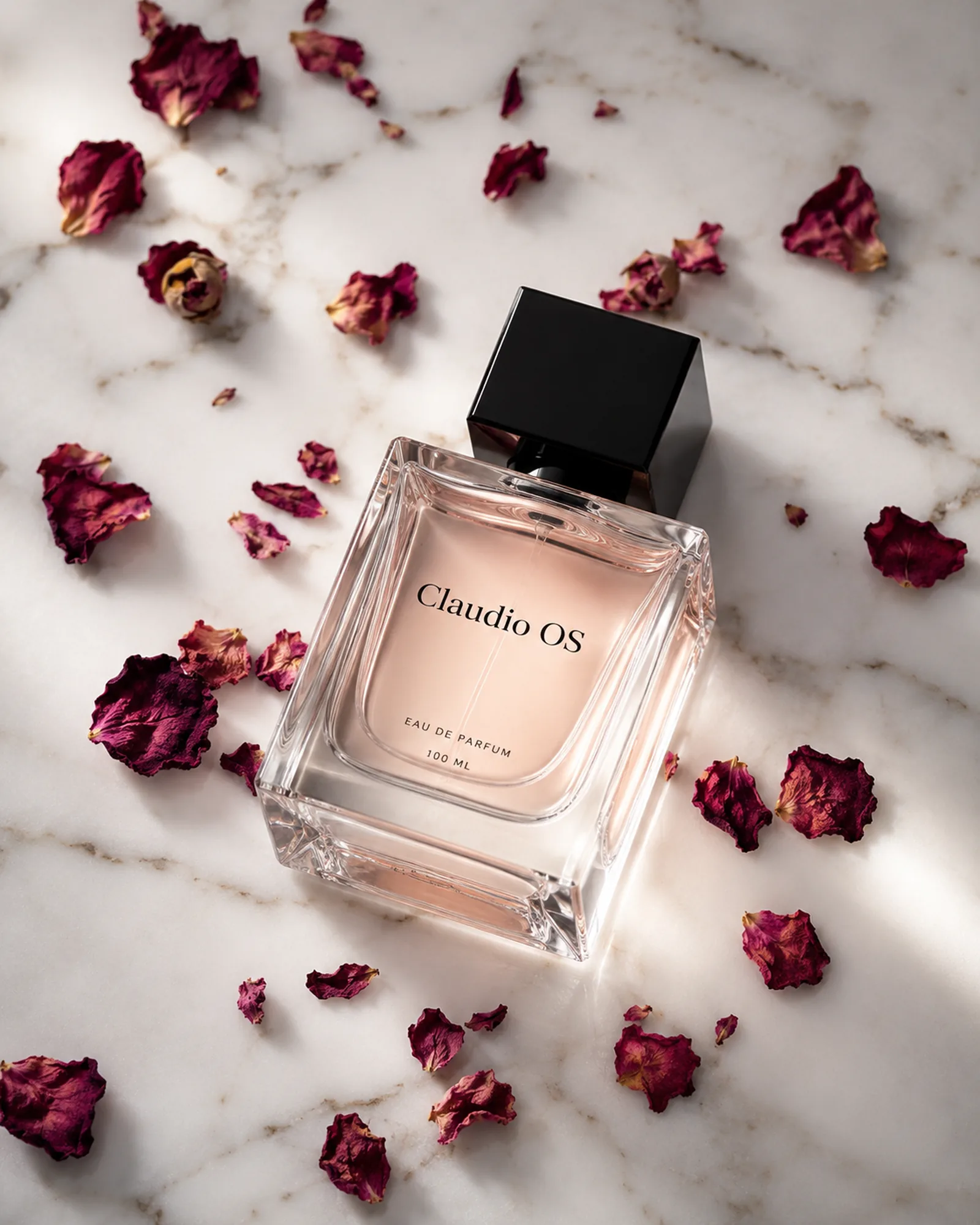 Wizualizacja perfum Claudio OS Eau de Parfum z płatkami róż na marmurze