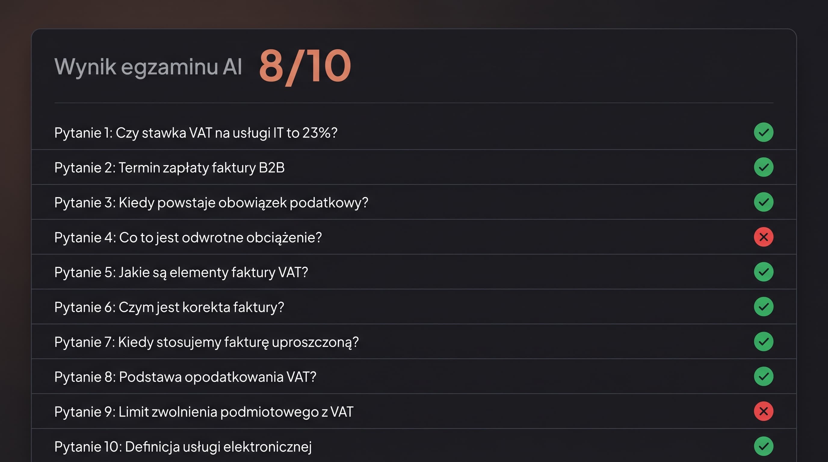 Wynik egzaminu agenta: 8/10 z markerami przy odpowiedziach