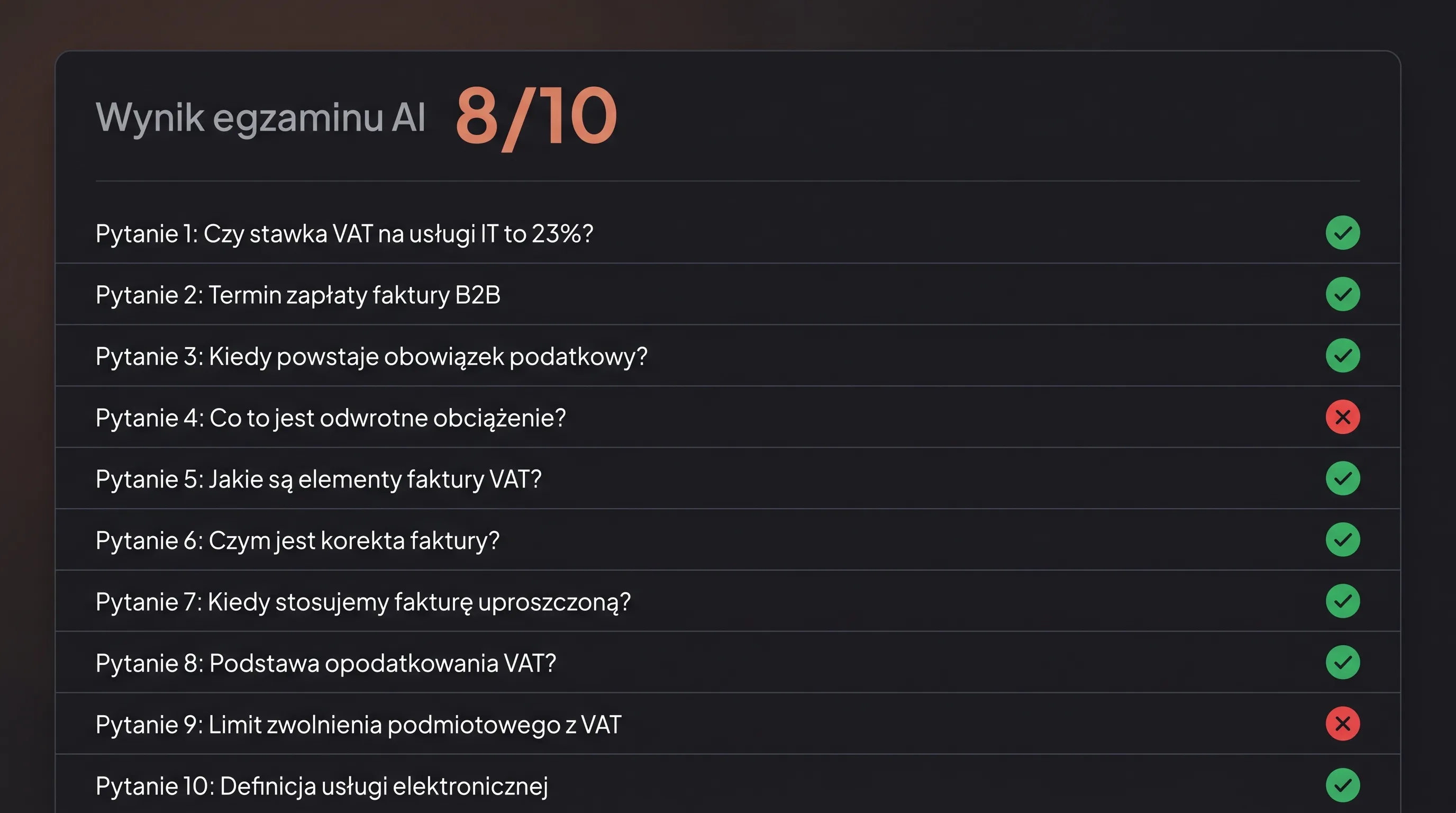 Wynik egzaminu agenta: 8/10 z markerami przy odpowiedziach