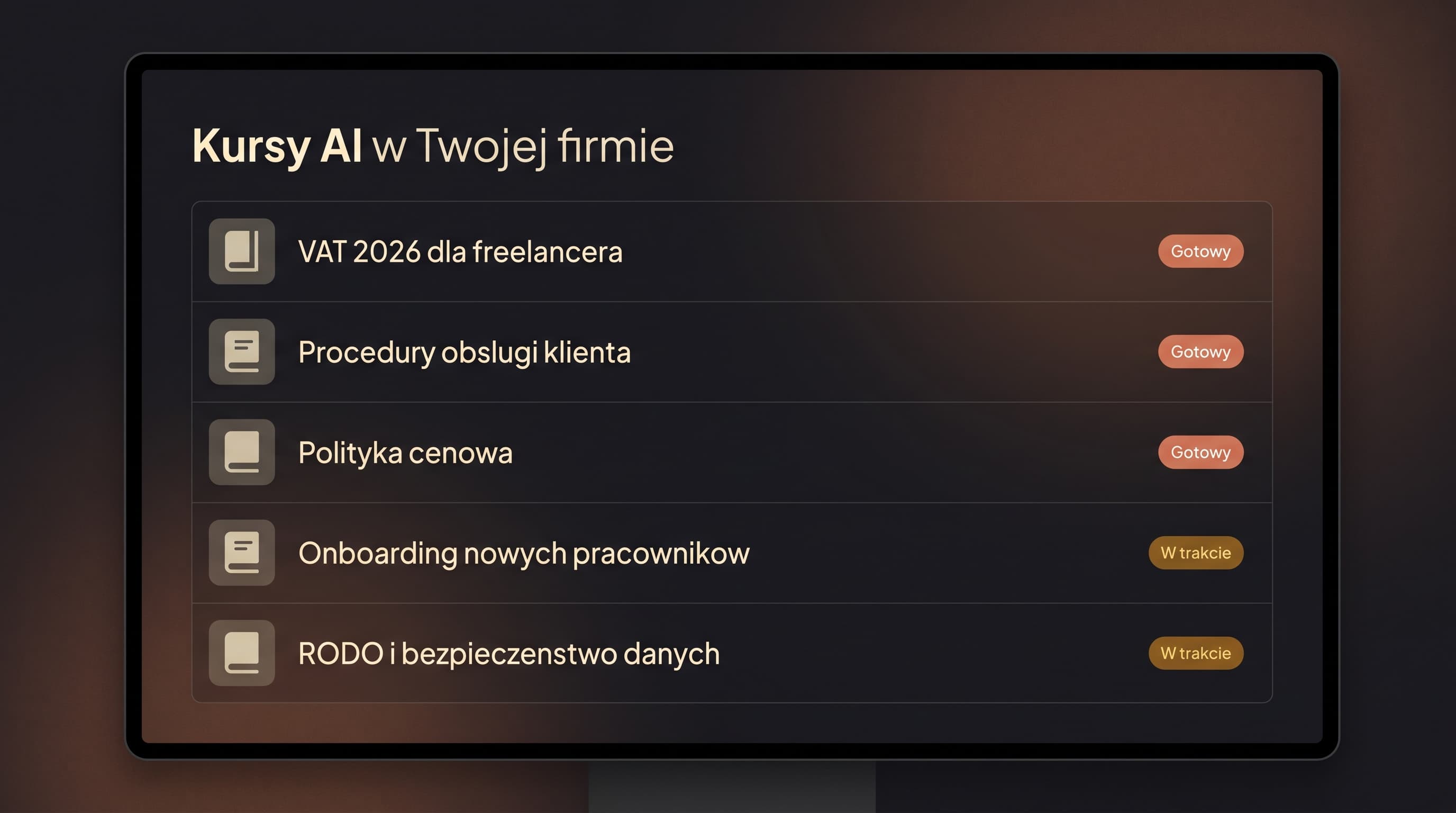 Panel kompetencji w workspace — lista kursów dostępnych dla agentów