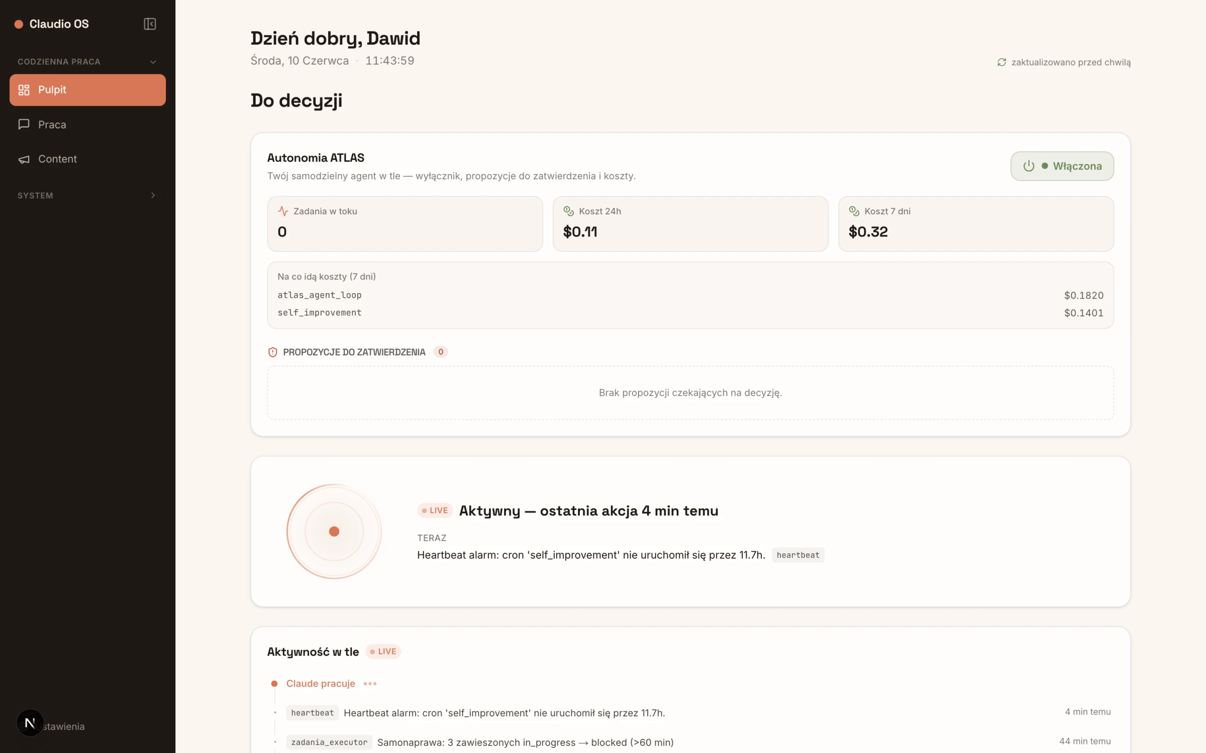Pulpit ClaudioOS — panel zarządzania firmą z AI: zadania, automatyzacje, koszty