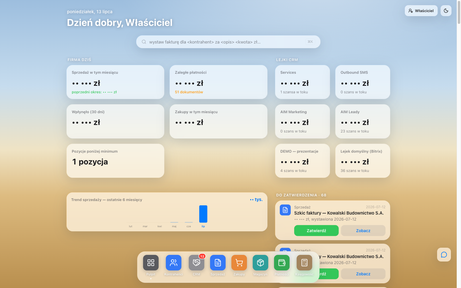 Zrzut ekranu pulpitu ERP-AI — pasek poleceń AI do wystawiania faktur, kafle sprzedaży i płatności, lejki CRM oraz dokumenty do zatwierdzenia.